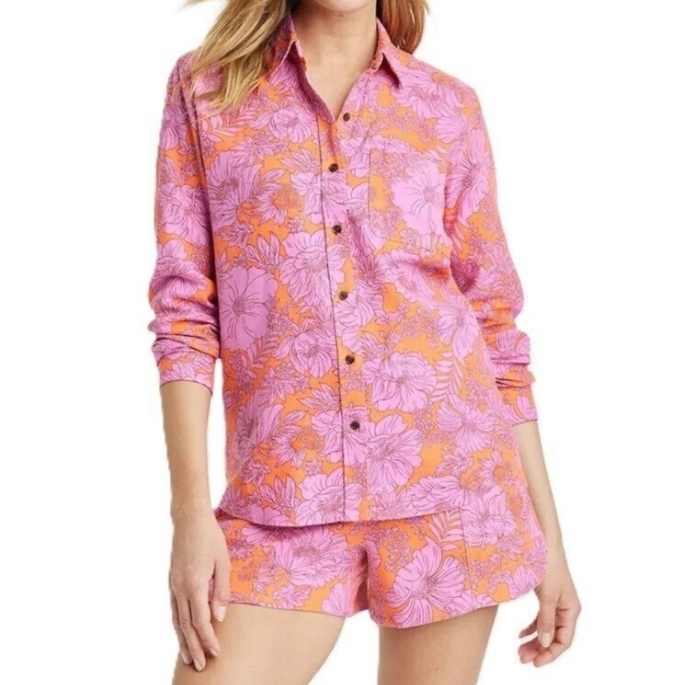 Universal Thread Sz Large Orange & Pink Floral LS Relaxed Fit Button Up Shirt